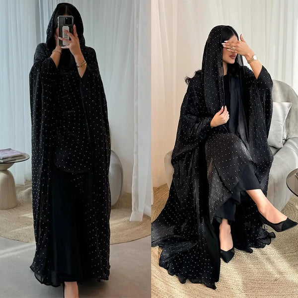 Women Muslim Kaftan Ramadan Hijab Dress Open Abaya Kimono Cardigan Diamonds Turkey Kebaya Caftan Marocain Femme Robe Jalabiya