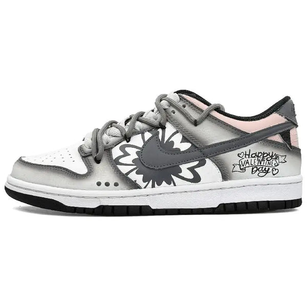 [Custom Valentine's Day]Nike Dunk Anti-Slip Wear-Resistant Low-Top Skateboard Shoes GS Gray White Pink