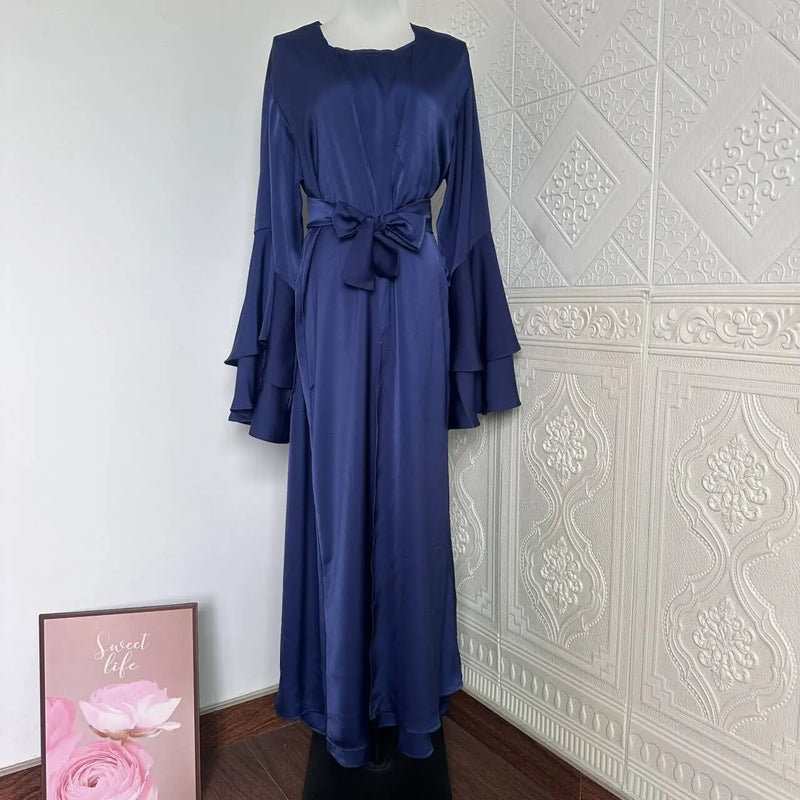 Muslim Abaya For Women Eid Dress 2 Piece Set Morocco Ramadan Satin Lace-up Abayas Kaftan Islam Cardigan Dubai Arab Long Robe