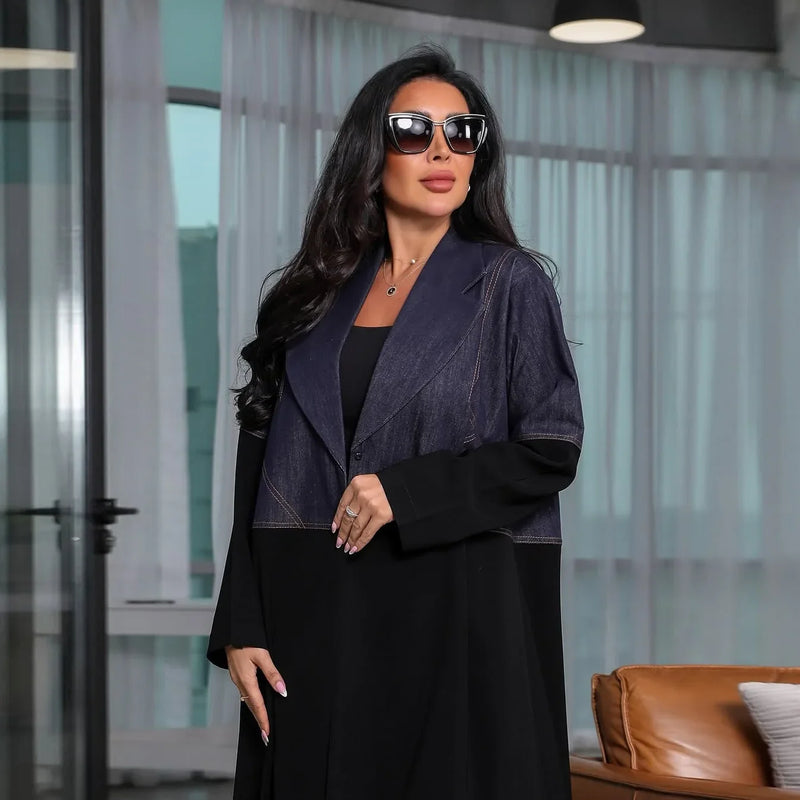 Robe Denim Splicing Jacket Dubai Fashion Women's Muslim Middle East Abaya Jacket Robe Abaya Coat