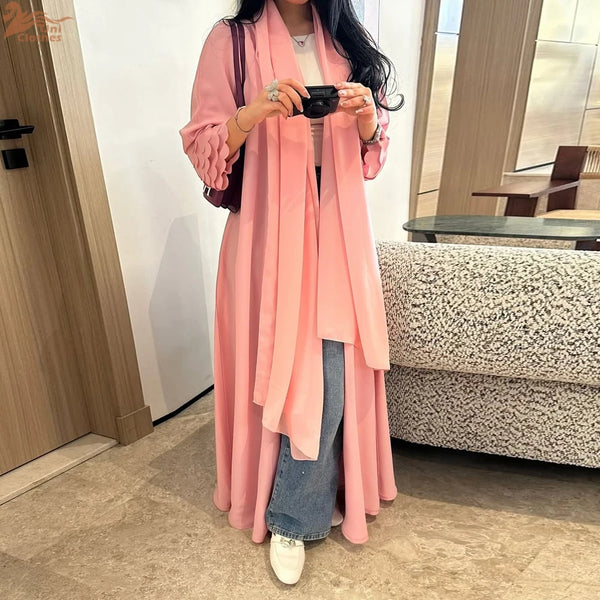 Dubai Pink Chiffon Open Abaya with Hijab included Loose Sleeve Muslim Cardigan Moroccan Caftan for Women