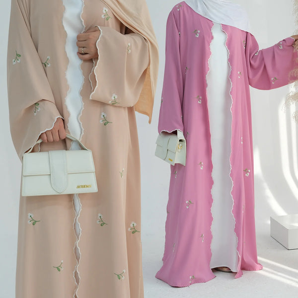 New Fashion Nida Dubai Abaya Ladies Floral Embroidered Kimono Style Muslim Dress Breathable Cotton Autumn Clothing