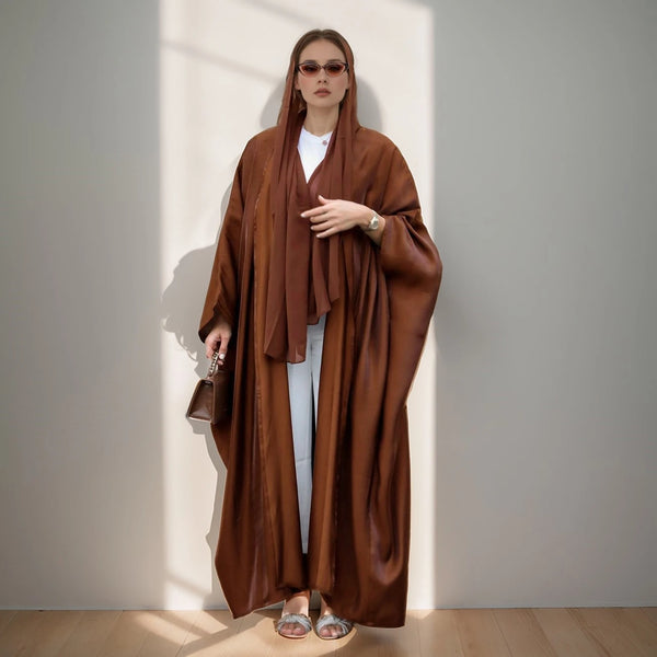 Hot sale Summer Women Islamic Clothing Shinny Polyester Thin Fabric Puff Sleeves Dubai Open Abaya for Muslim Women