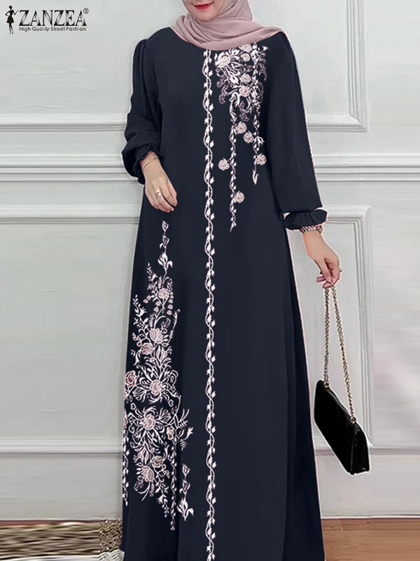 ZANZEA Plus Size Muslim Hijabis Long Dresses Islamic Long Sleeve Vintage Floral Printing Abaya Robes Modest Loose Eid Vestidos