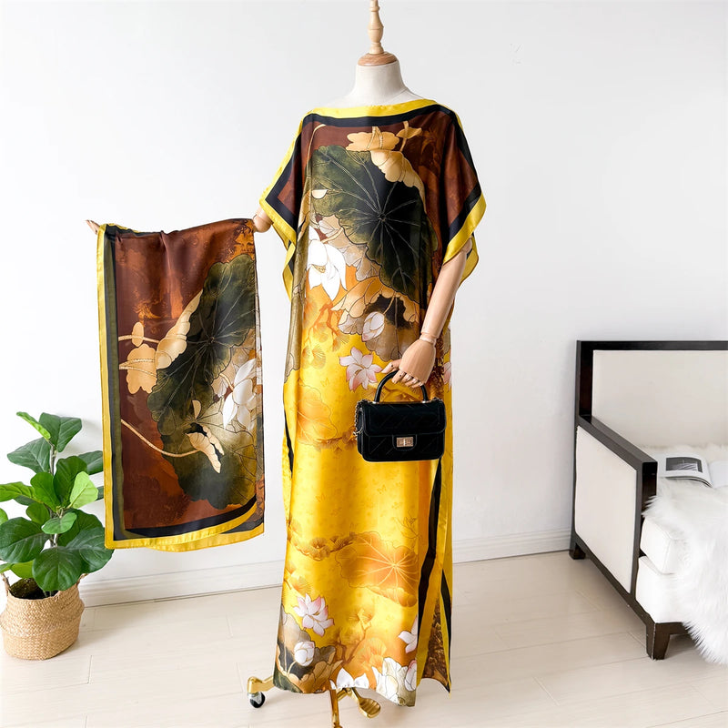 NEW Fashion Summer Dress With Big Scarf Dubai Turkey Kaftan Muslim Loose Abaya Women African Casual Maxi Peacock Shawl Robe