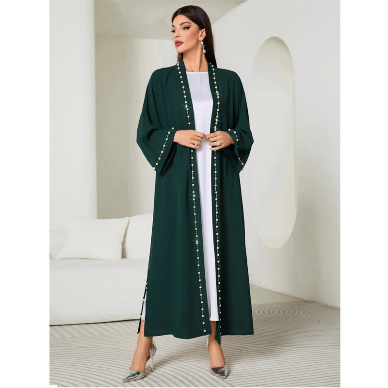 Eid Mubarak Djellaba Femme Longue Musulmane Open Abaya Dubai Turkey Kaftan Muslim Women Beaded Maxi Dress Kimono Jalabiya Robe