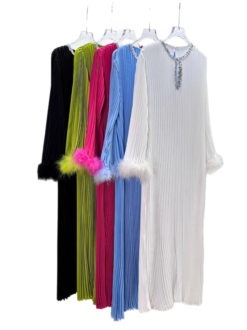 Abaya Women Dress Muslim Pleated Feather Dubai Vestidos Largos Long Dresses Kaftan Arab Robe Party Caftan Jalabiya Ramadan
