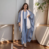 Hot sale Summer Women Islamic Clothing Shinny Polyester Thin Fabric Puff Sleeves Dubai Open Abaya for Muslim Women
