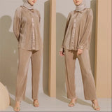 Malaysia Plain Muslim Women Long Sleeve Tops Blouse Pants Islam Abaya Dubai Ramadan Arab Clothes 2 Piece Set Modest Kaftan Suit