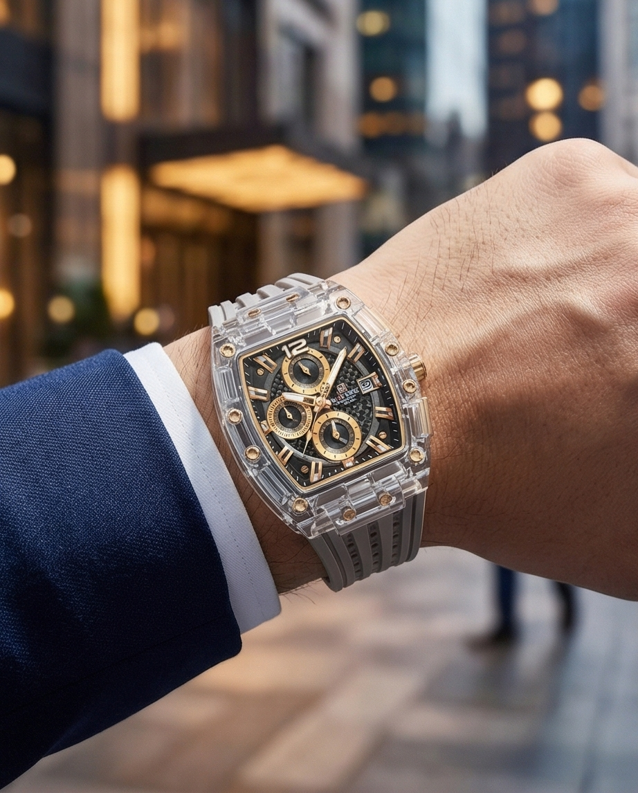 W10-Naviforce Luxury Chronograph Watch with Transparent Case and Black Dial - Raakaat