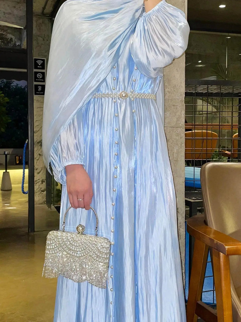 Women Eid Muslim Abaya Lantern Sleeve Gorgeous Party Dress Solid Pearls Long Robe Dubai Abaya Kaftan Streamer Yarn Vestidos