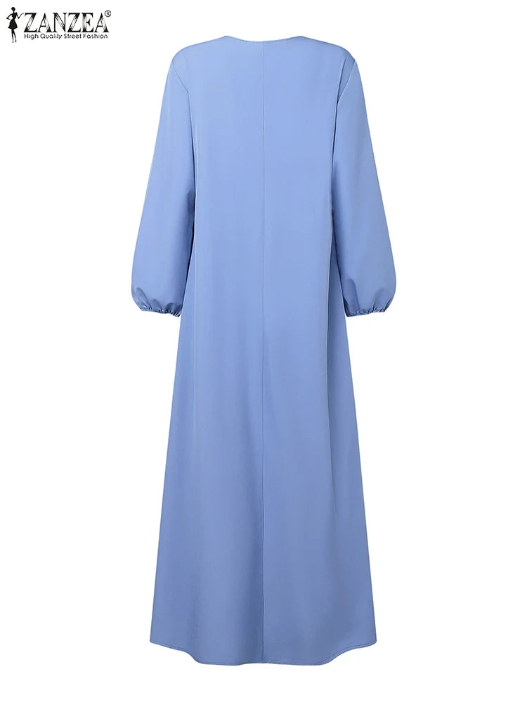 2025 ZANZEA Autumn Maxi Long Dress Women Elegant Long Sleeve Solid Pleated Sundress Patchwork Dresses Muslim Abaya Robe Femme