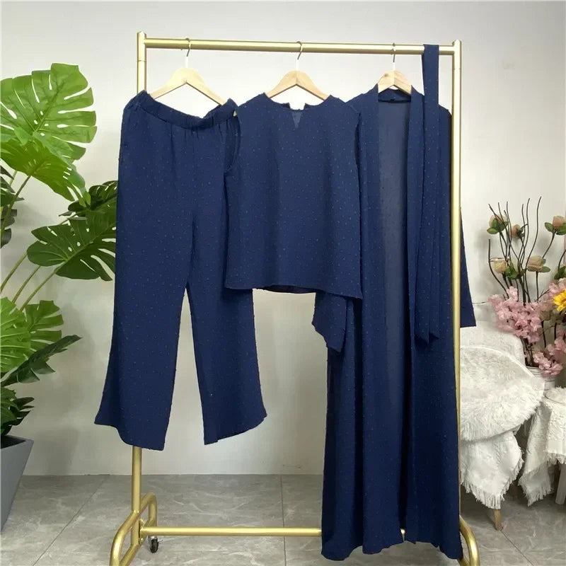 3 Piece Set Eid Muslim Dress Women Open Abaya Kaftan Dubai Kaftan Tops Pants Turkey Islam Kimono Robe Femme Musulmane Ensembles