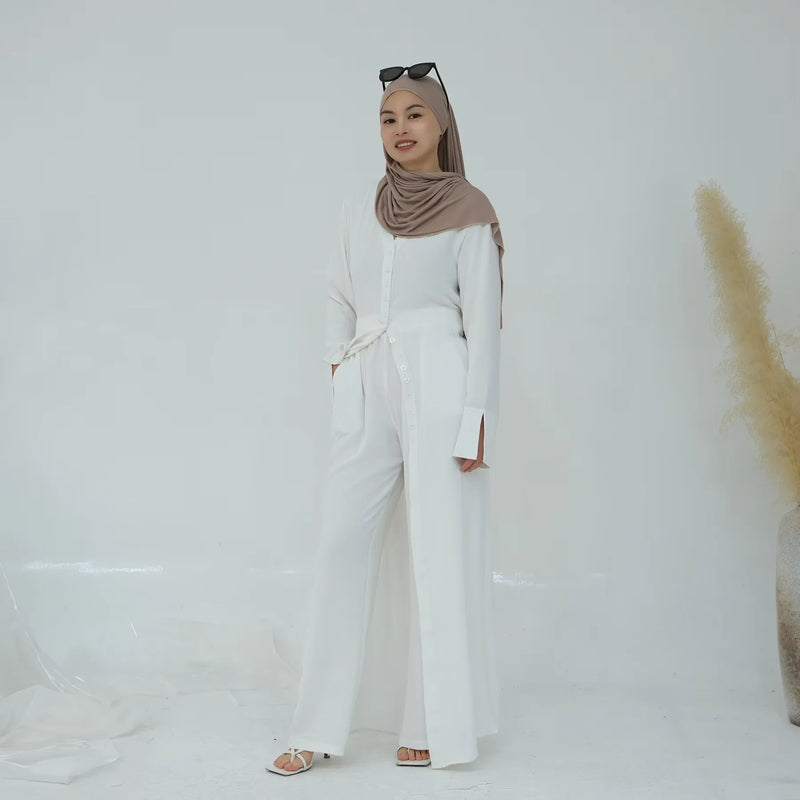 New Muslim Sets for Women Button Long Tops Pants 2 Piece Suit Dress Turkey Kaftan Dubai Abaya Eid Ramadan Islam Clothing Outfits