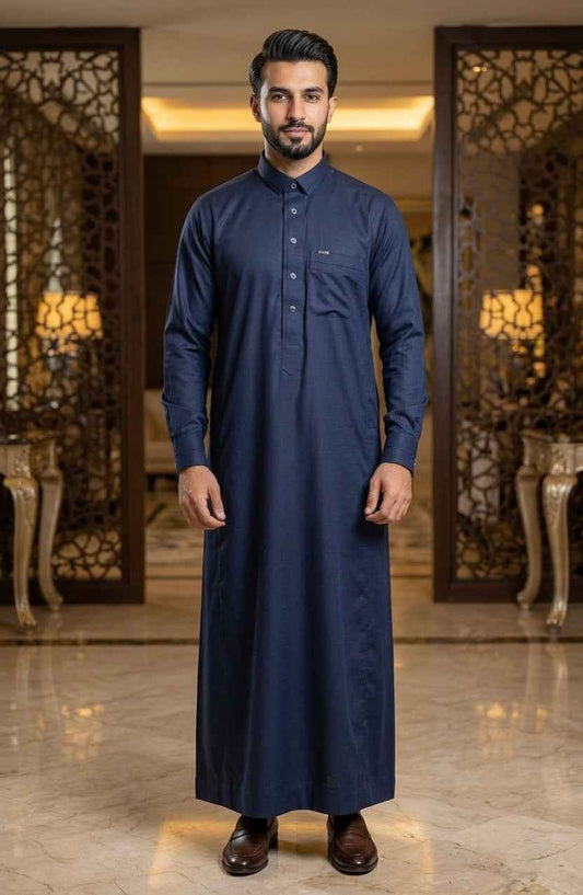 Men's Midnight Navy Textured Thobe – Premium Navy Blue Saudi Style Jubba - Raakaat