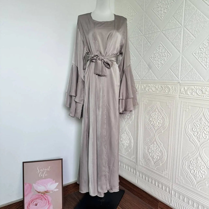Muslim Abaya For Women Eid Dress 2 Piece Set Morocco Ramadan Satin Lace-up Abayas Kaftan Islam Cardigan Dubai Arab Long Robe