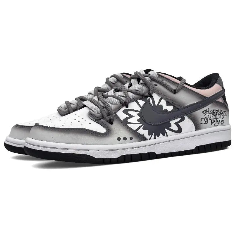 [Custom Valentine's Day]Nike Dunk Anti-Slip Wear-Resistant Low-Top Skateboard Shoes GS Gray White Pink