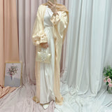 Muslim Elegant Puff Sleeve Long Dress Women's Prayer Garment Dubai 2024 Luxury Kaftan Kebaya Turkey Party Ramadan Abaya Beige