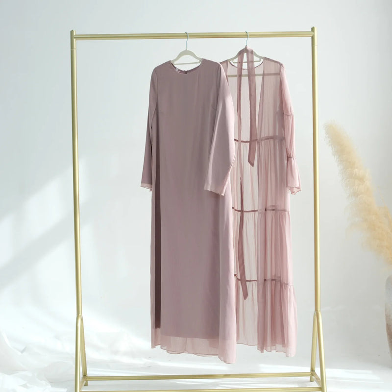 Chiffon Sheer Open Abaya Set Hijabi Muslim Women Party Ramadan Islamic Clothing  Dubai Turkey Kaftan Crepe Kimono Open Abayas