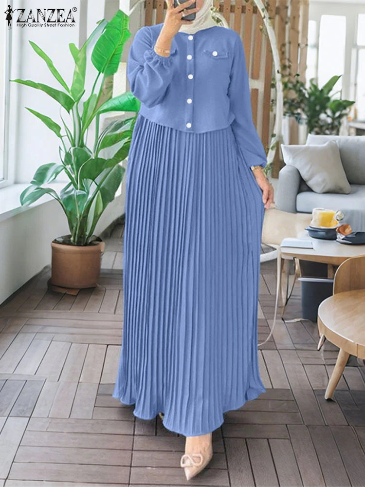2025 ZANZEA Autumn Maxi Long Dress Women Elegant Long Sleeve Solid Pleated Sundress Patchwork Dresses Muslim Abaya Robe Femme