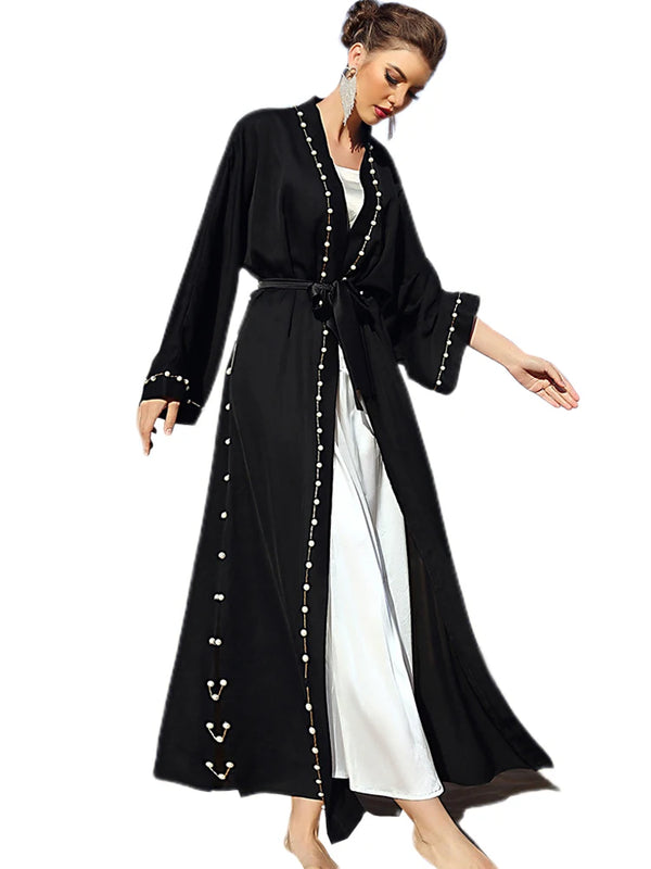 Eid Mubarak Djellaba Femme Longue Musulmane Open Abaya Dubai Turkey Kaftan Muslim Women Beaded Maxi Dress Kimono Jalabiya Robe