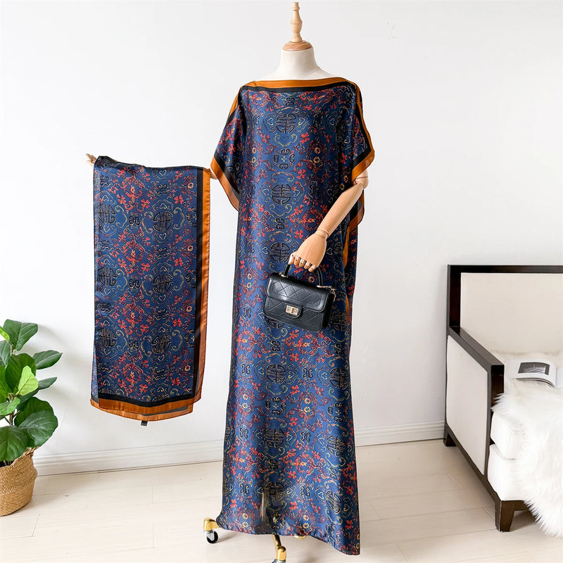 NEW Fashion Summer Dress With Big Scarf Dubai Turkey Kaftan Muslim Loose Abaya Women African Casual Maxi Peacock Shawl Robe