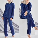 Malaysia Plain Muslim Women Long Sleeve Tops Blouse Pants Islam Abaya Dubai Ramadan Arab Clothes 2 Piece Set Modest Kaftan Suit