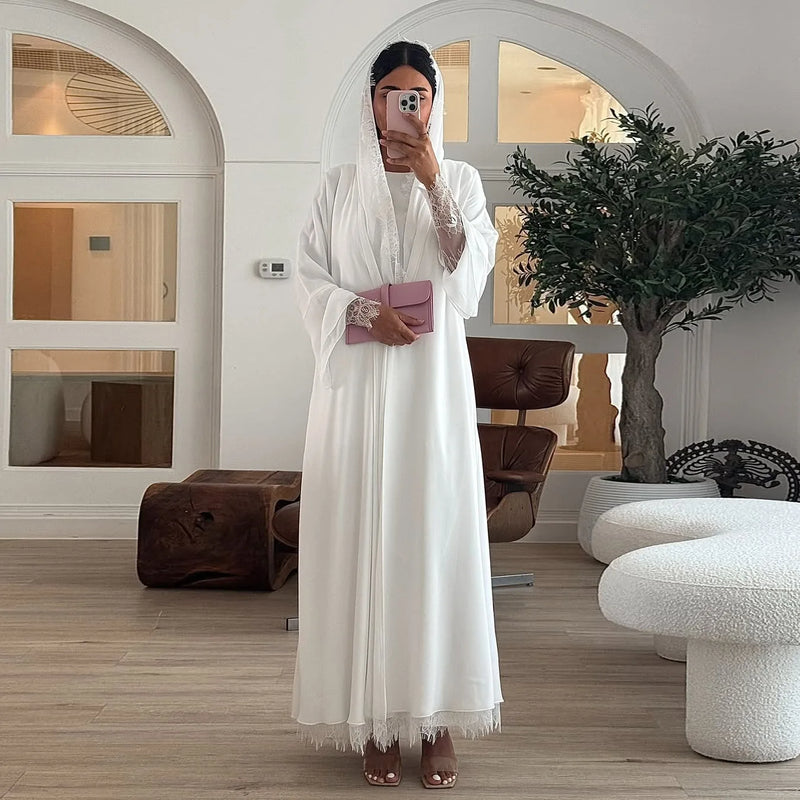 Chiffon Open Abaya Arabic White Cardigan Hijab 2 Piece Set Lace Trim Muslim Women Elegant Gowns Islam Long Dress Party Outfits