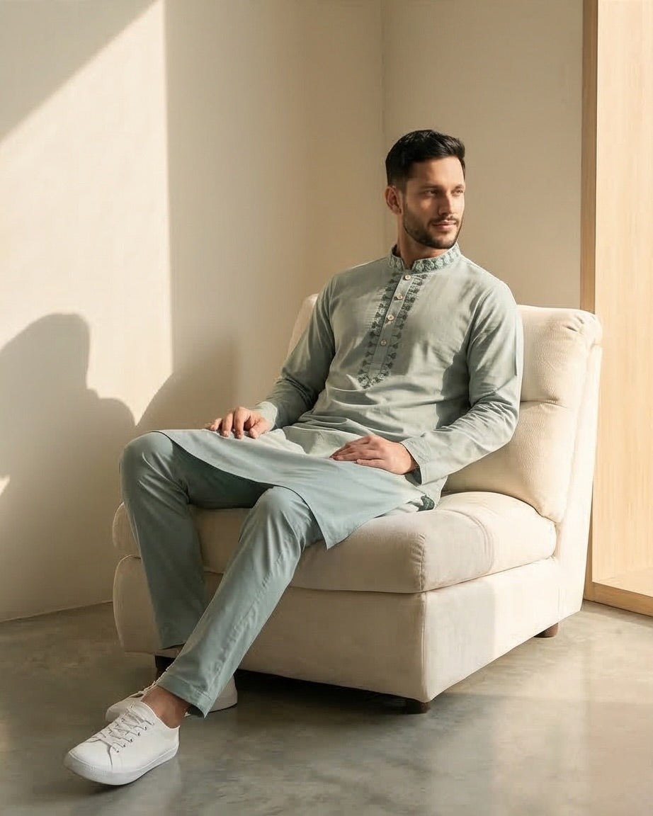 Mint Sage Geometric Embroidered Panjabi – Minimalist Elegance|364| - Raakaat