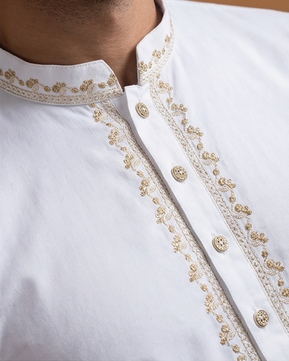 Royal White Gold-Embroidered Panjabi|428| - Raakaat