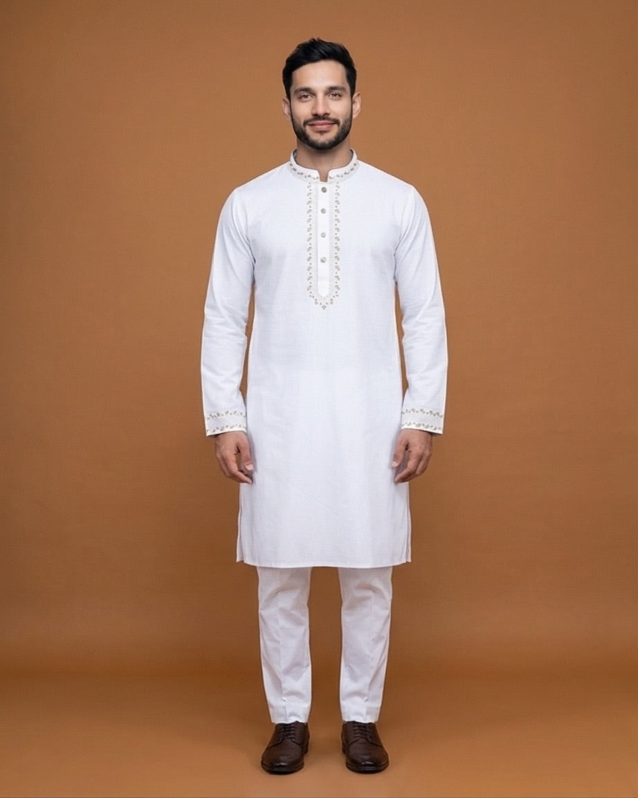 Royal White Gold-Embroidered Panjabi|428| - Raakaat