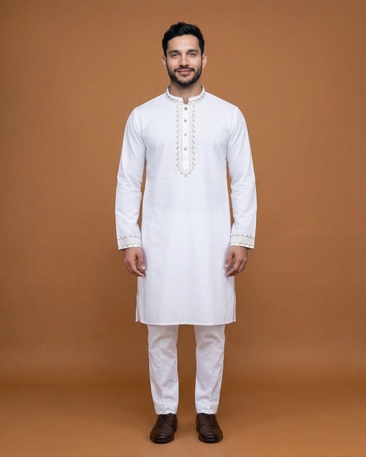 Royal White Gold-Embroidered Panjabi|428| - Raakaat