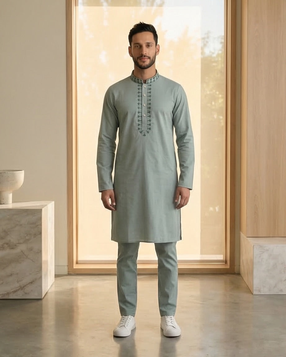 Mint Sage Geometric Embroidered Panjabi – Minimalist Elegance|364| - Raakaat