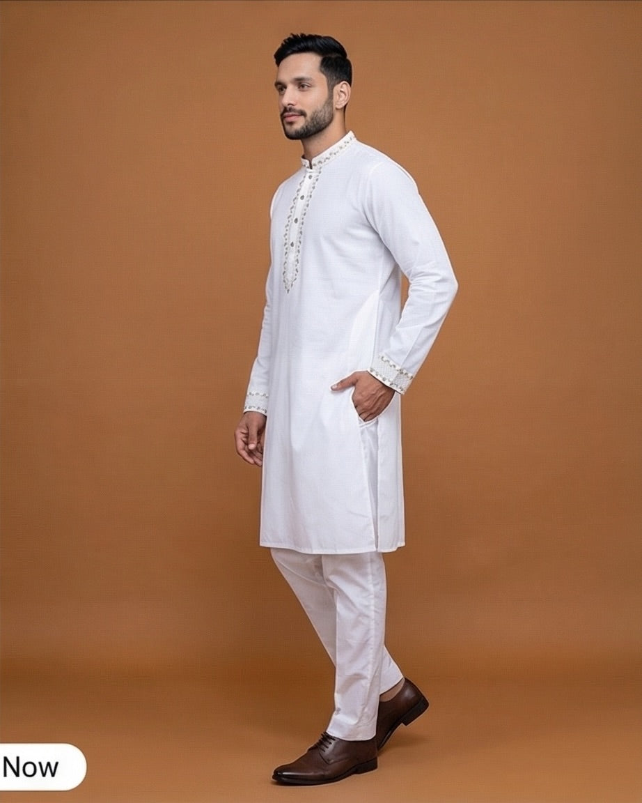 Royal White Gold-Embroidered Panjabi|428| - Raakaat