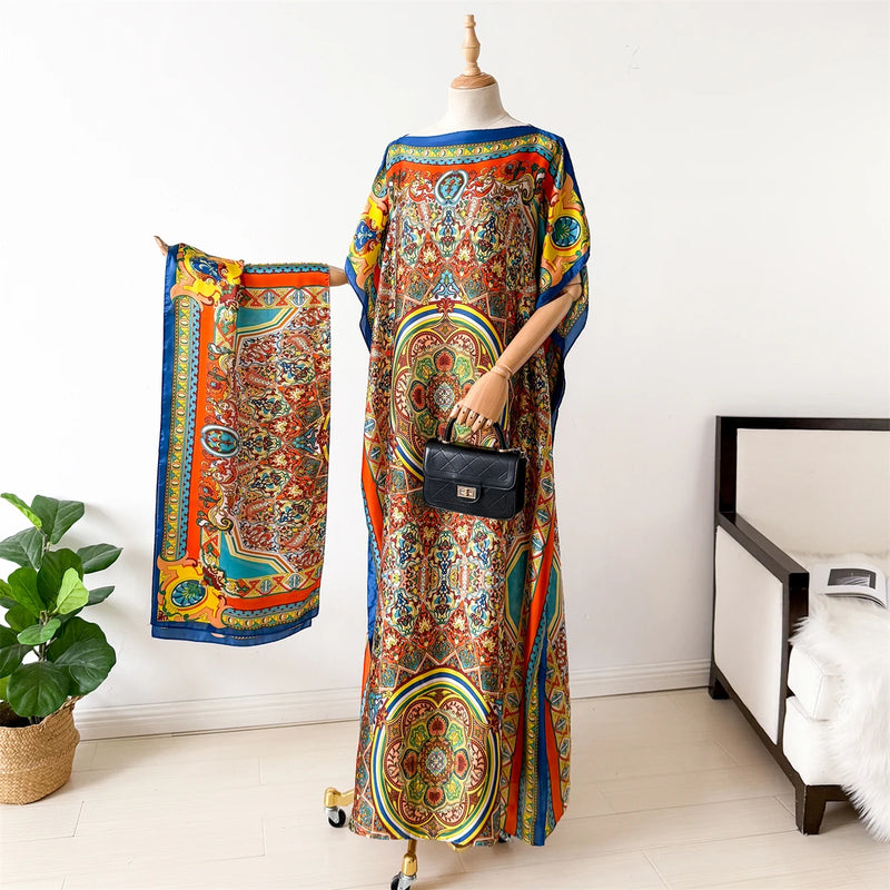 NEW Fashion Summer Dress With Big Scarf Dubai Turkey Kaftan Muslim Loose Abaya Women African Casual Maxi Peacock Shawl Robe