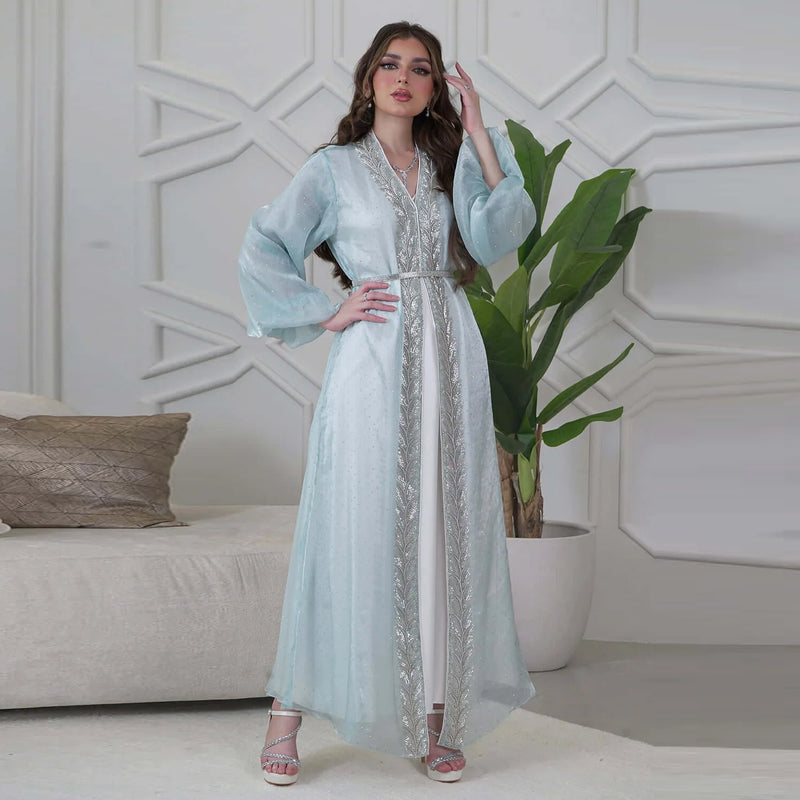 Eid Mubarak Djellaba Kimono Cardigan Dubai Satin Dress Kebaya Robe Diamond 3 Piece Set Women Muslim Abaya Kaftan Jalabiya Abayas