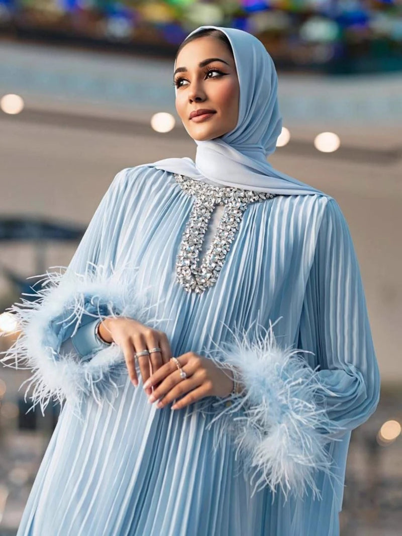Abaya Women Dress Muslim Pleated Feather Dubai Vestidos Largos Long Dresses Kaftan Arab Robe Party Caftan Jalabiya Ramadan
