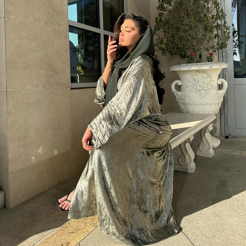 Fashion Shiny Abayas for Women Muslim Kimono Open Cardigan Dubai Kaftan Turkey Robe Arab Kebaya Islam Clothing Ramadan Eid Dress