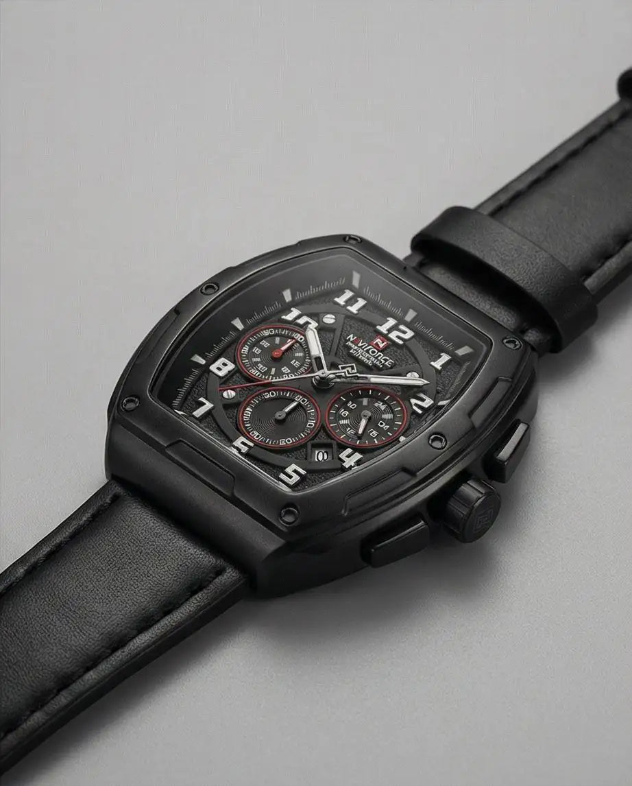 W5-NAVIFORCE Chronograph Watch with Leather Strap - Black - Raakaat