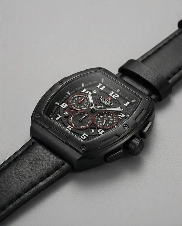 W5-NAVIFORCE Chronograph Watch with Leather Strap - Black - Raakaat