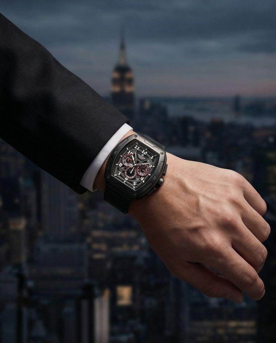 W5-NAVIFORCE Chronograph Watch with Leather Strap - Black - Raakaat