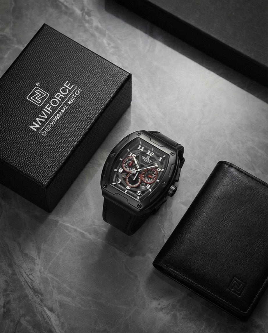 W5-NAVIFORCE Chronograph Watch with Leather Strap - Black - Raakaat