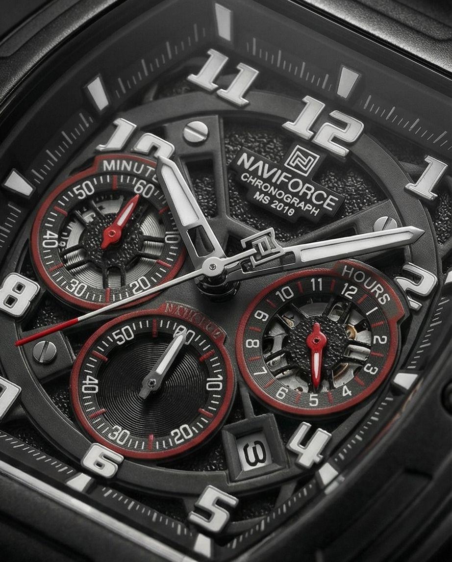 W5-NAVIFORCE Chronograph Watch with Leather Strap - Black - Raakaat
