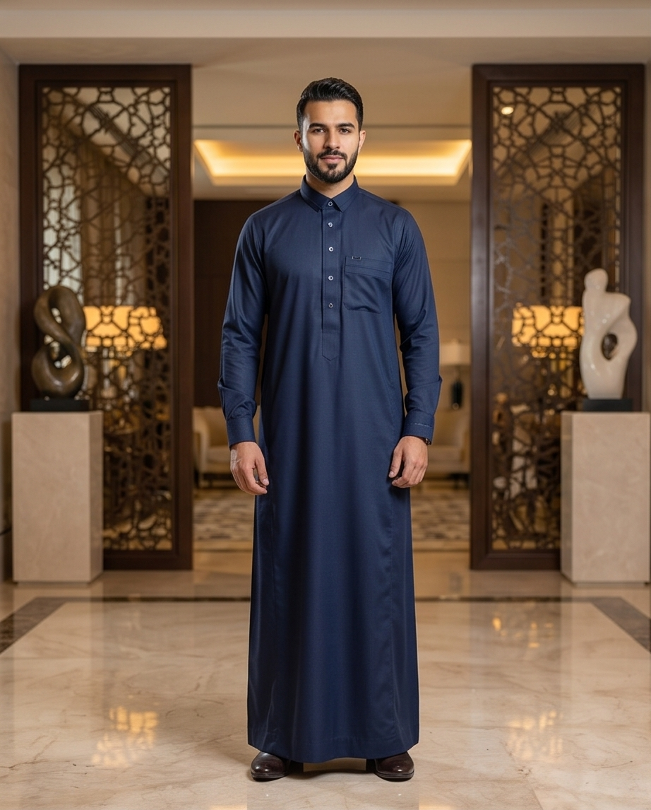 Men's Midnight Navy Textured Thobe – Premium Navy Blue Saudi Style Jubba - Raakaat