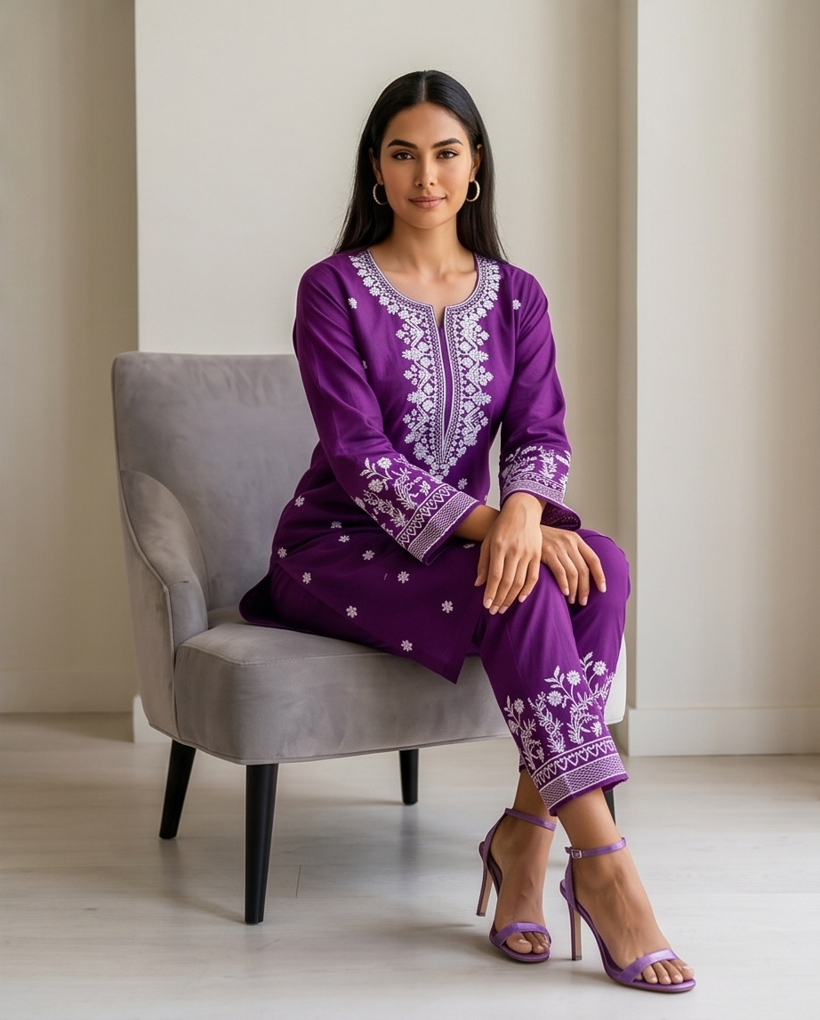 Chic Magenta Purple Embroidered Cotton Kurti Set | TPS08 - Raakaat