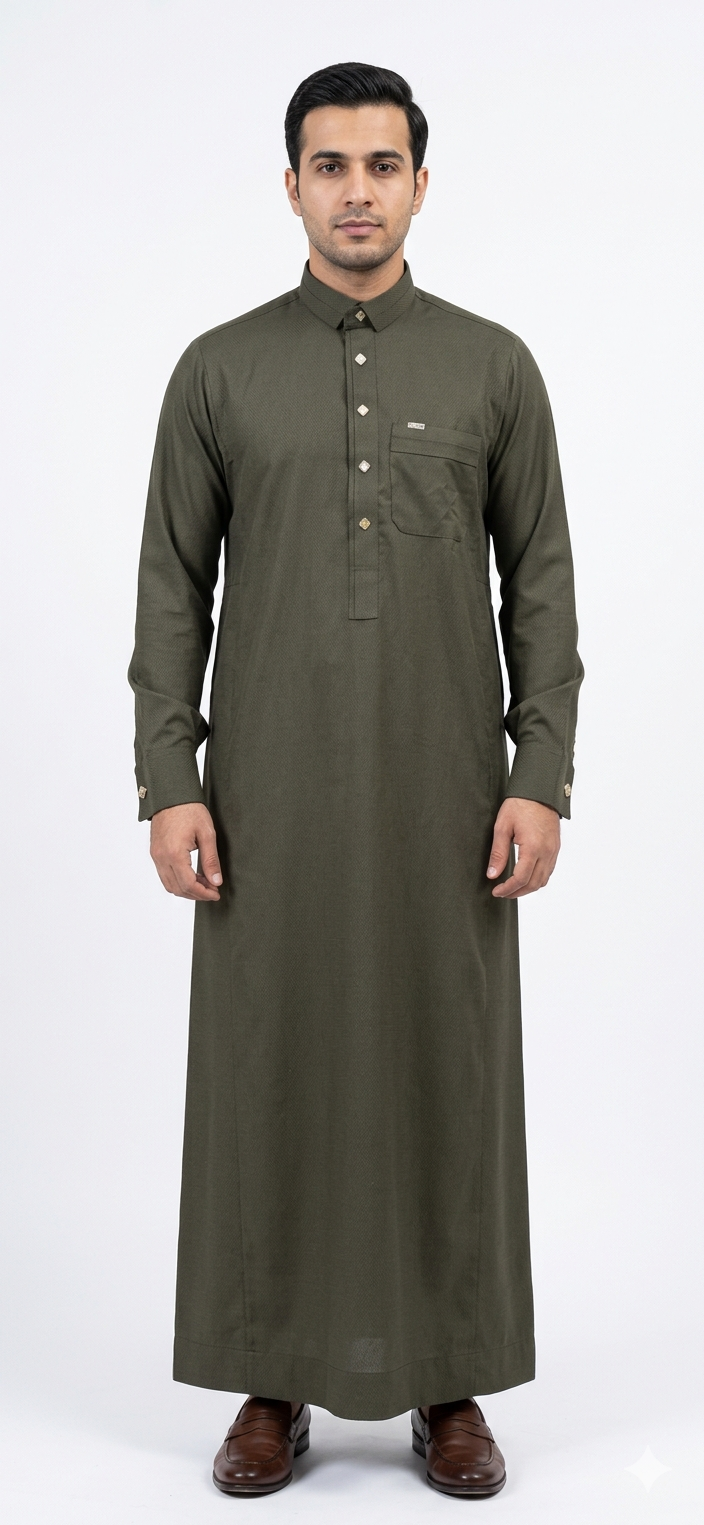 Men's Olive Green Textured Thobe – Premium Saudi Style Jubba with Geometric Buttons - Raakaat