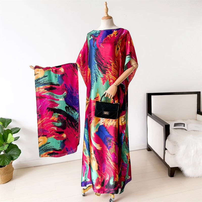 NEW Fashion Summer Dress With Big Scarf Dubai Turkey Kaftan Muslim Loose Abaya Women African Casual Maxi Peacock Shawl Robe