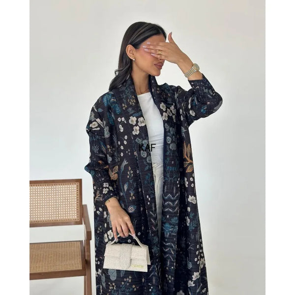 Miyake Pleated Black Printed Trench Coat Jacket Muslim Abaya High Quality Fashion Casual Commuter Peplum Women's Clothing