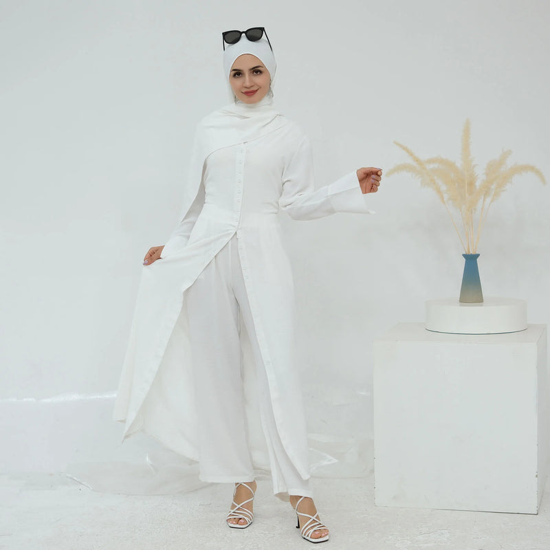 New Muslim Sets for Women Button Long Tops Pants 2 Piece Suit Dress Turkey Kaftan Dubai Abaya Eid Ramadan Islam Clothing Outfits