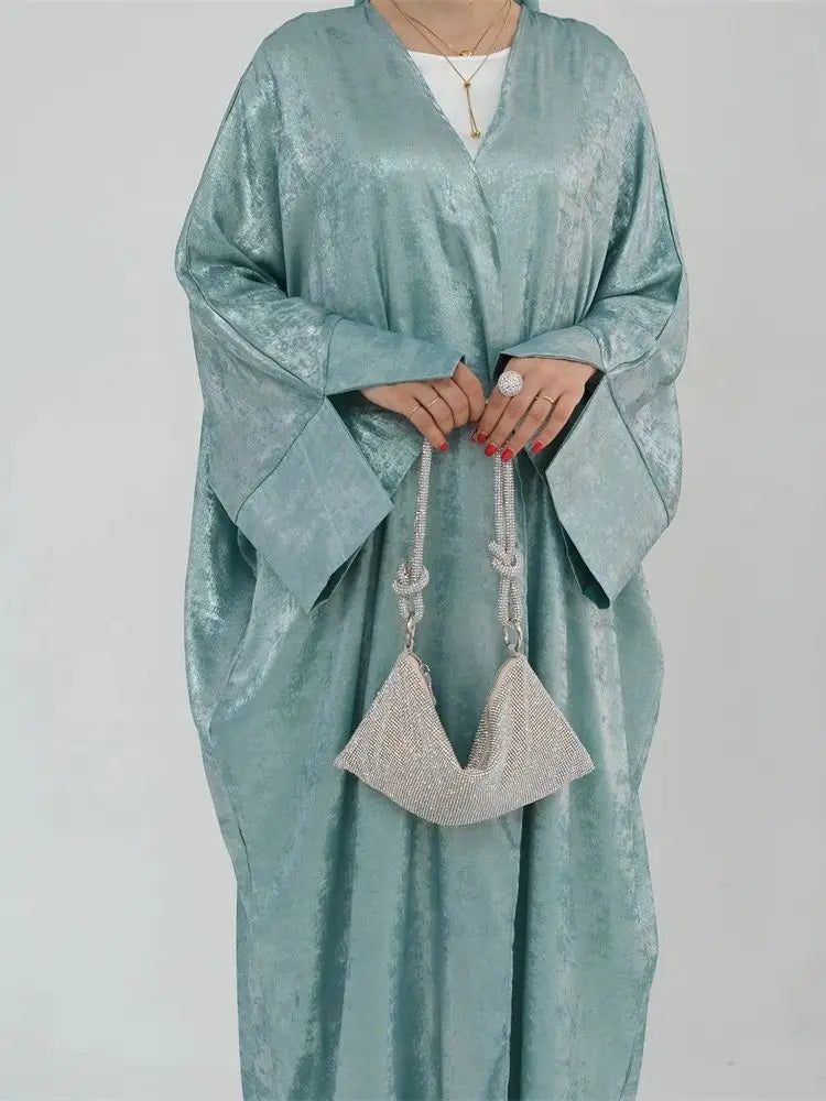 Shiny Batwing Satin Open Kimono Abaya Dubai Luxury 2024 Muslim Abayas For Women Kaftan Dress Islamic Clothing Femme